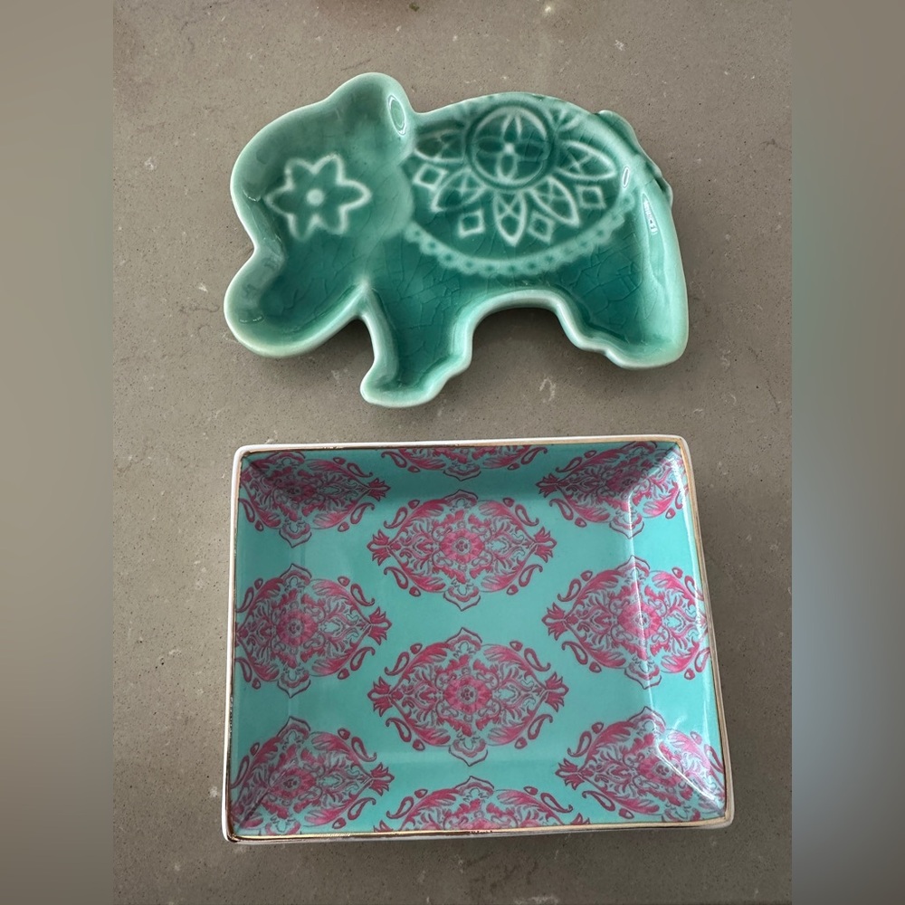 Teal Elephant Trinket Dish and Patterned Tray